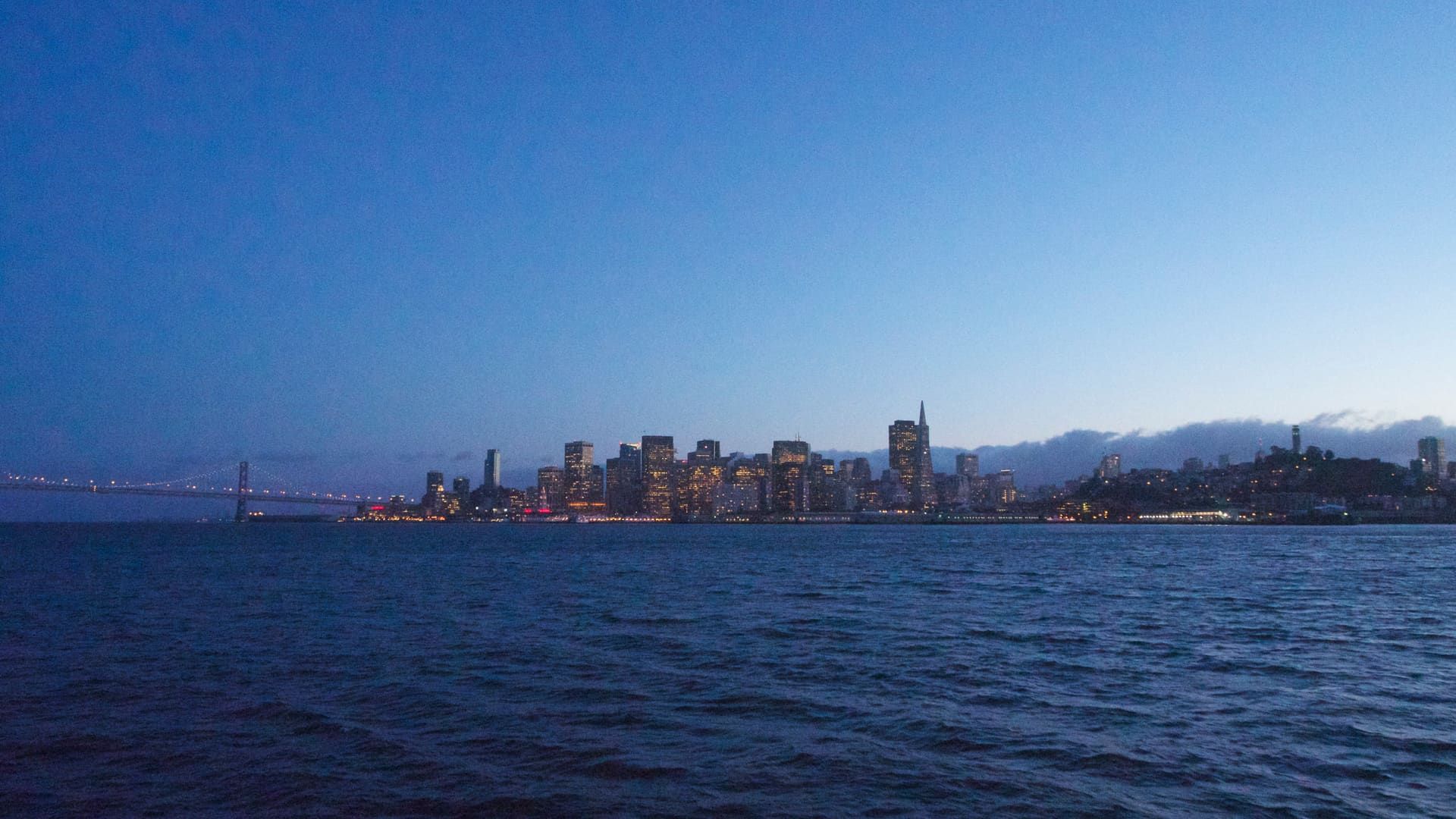 Financial district skyline at dusk